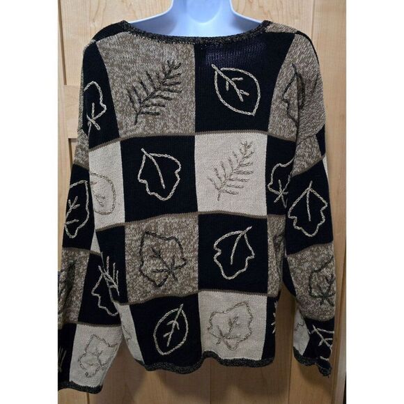 Vintage Christopher & Banks Leaf Pattern Cardigan Sweater Black & Tan Hand Embro - Picture 5 of 9